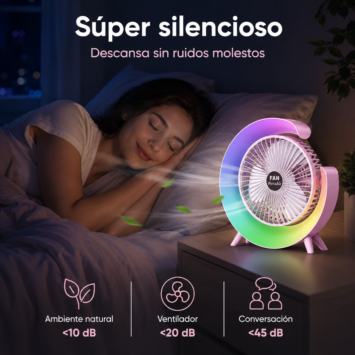 Ventilador de mesa portátil blanco con luz RGB