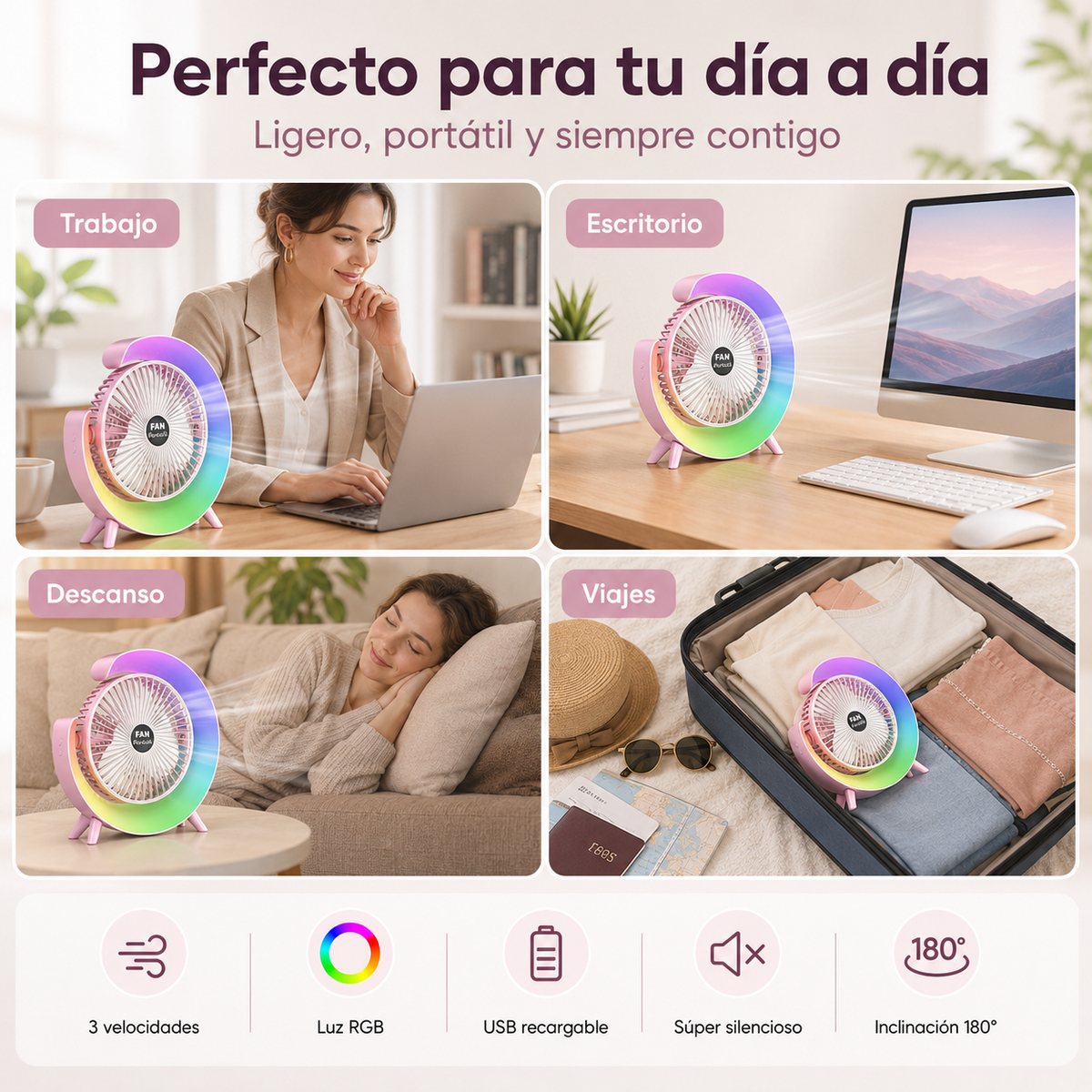 Ventilador de mesa portátil blanco con luz RGB