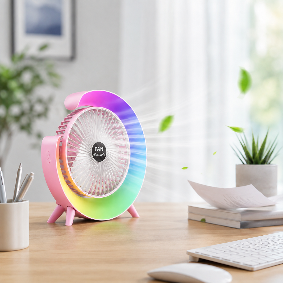 Ventilador de mesa portátil blanco con luz RGB