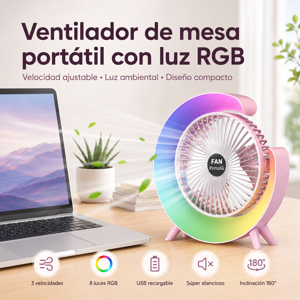 Ventilador de mesa portátil blanco con luz RGB