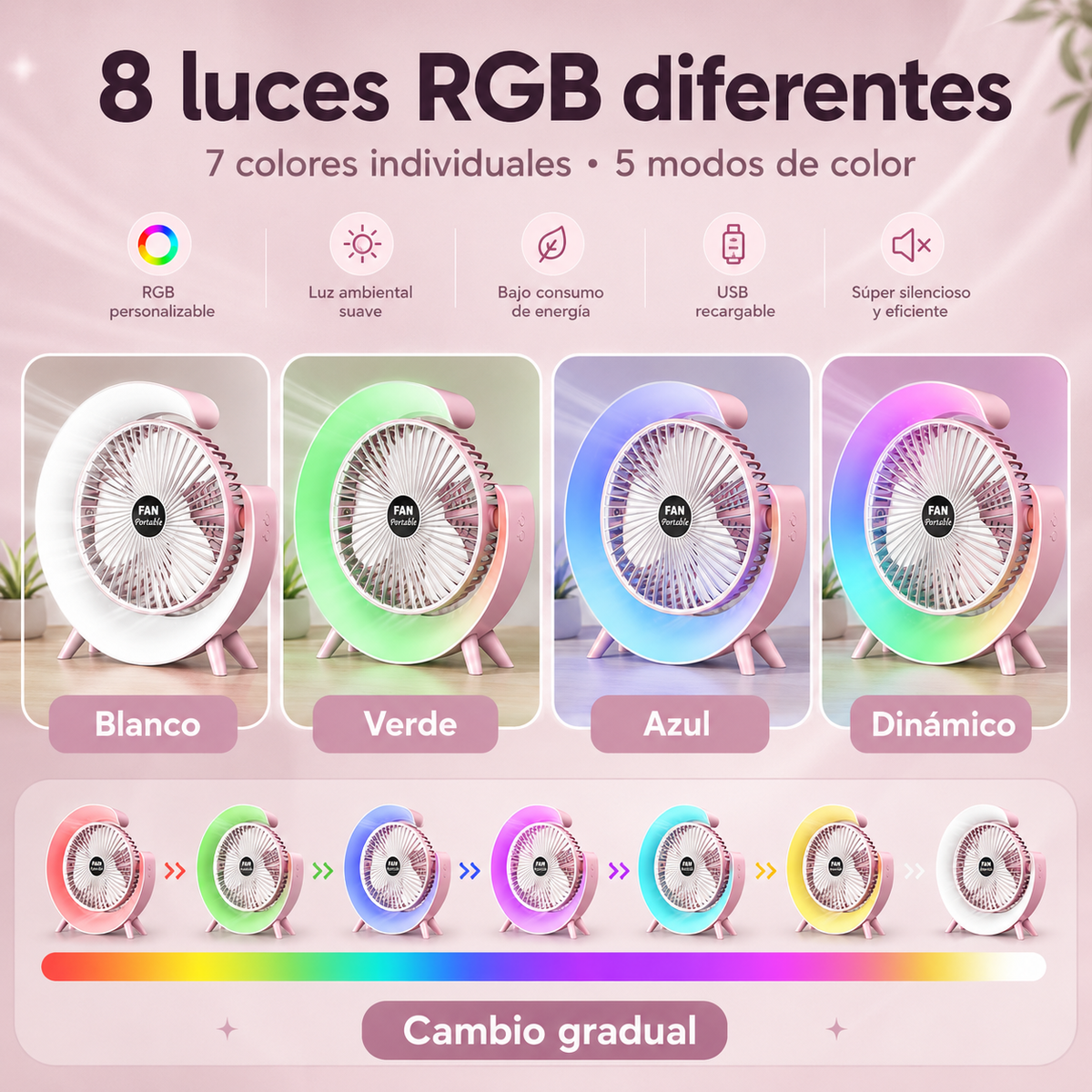 Ventilador de mesa portátil blanco con luz RGB