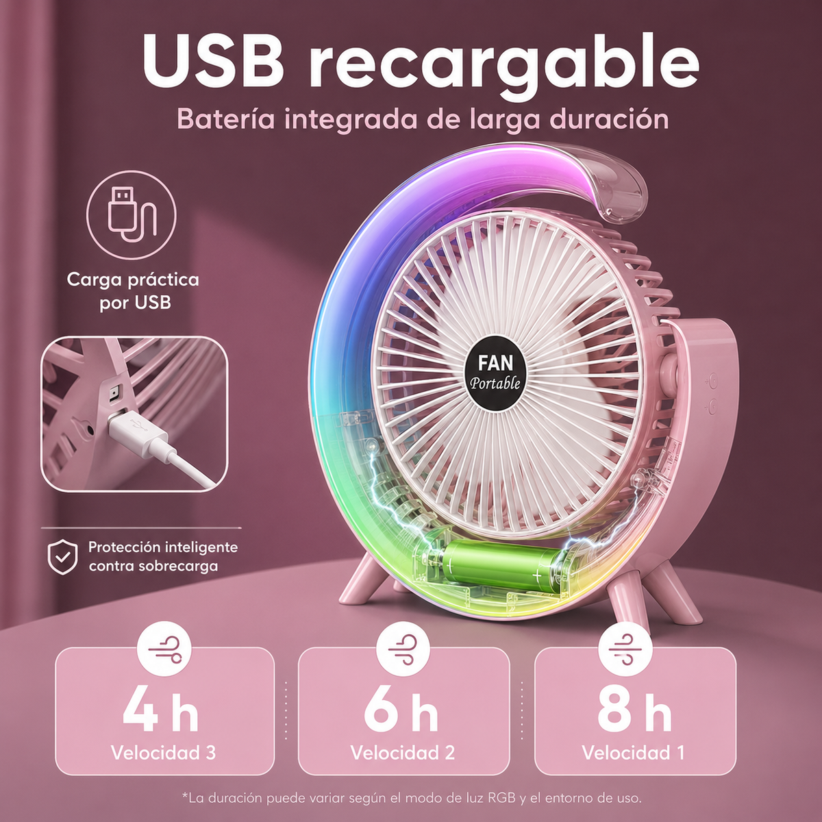 Ventilador de mesa portátil blanco con luz RGB