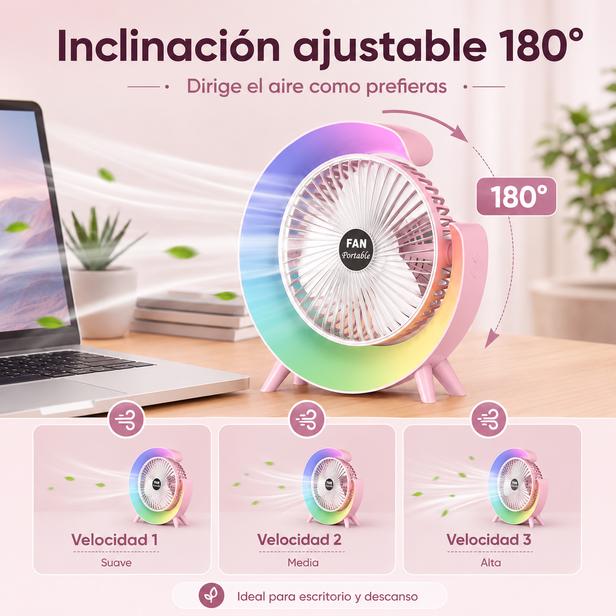 Ventilador de mesa portátil blanco con luz RGB
